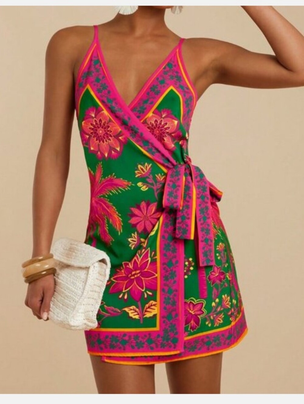 Green and Pink Floral Wrap Sundress